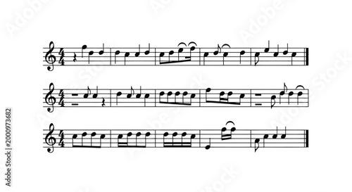 Sheet music with treble clef notes rests and time signature on white background isolated on white background