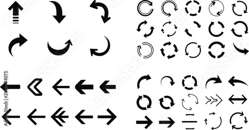Arrow icons vector set with directional, curved, circular, and double arrows for navigation, motion, and graphic design use