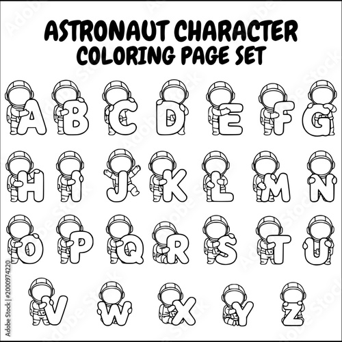 Astronaut space A to Z alphabet font line art coloring page