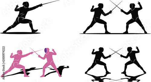 Fencing silhouette vector set with athletes in dynamic sword fighting poses for sports, competition, and martial arts concepts