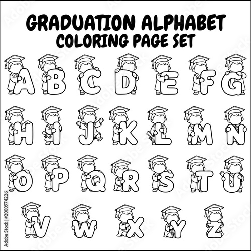 Muslim graduate A to Z alphabet font line art coloring page set