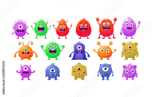 Cute cartoon monster collection with 17 colorful alien characters, friendly little monsters set in vibrant colors, funny creature mascots for kids design
