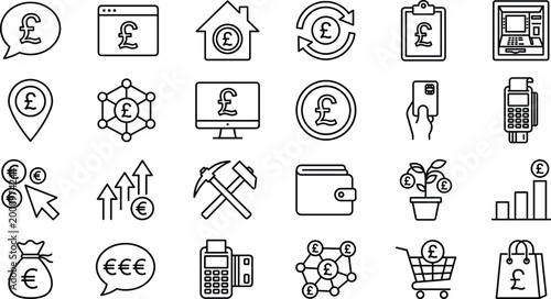 Finance and banking vector icons set with pound and euro currency symbols, payment methods, investment, and economic growth concepts