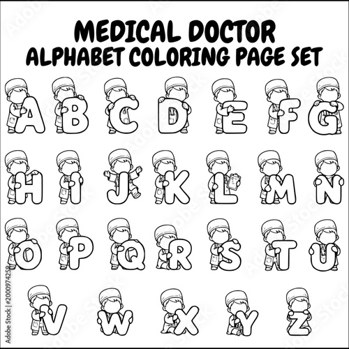 Medical doctor alphabet A to Z line art font coloring page bundle