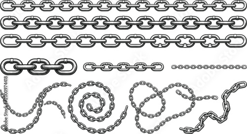 Metal chain vector set with straight, curved, spiral, and linked designs for security, strength, and industrial concepts