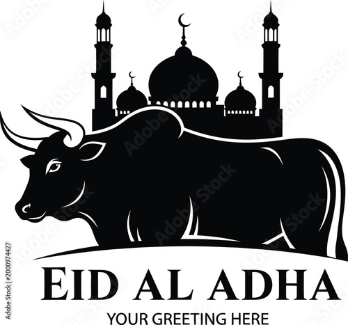 eid al adha greeting with cow silhouette and mosque