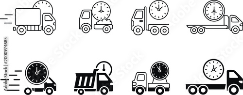 Shipping and delivery vector icons, truck and clock symbols representing express logistics, timing and transport management system design.