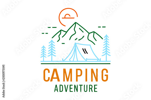 Camping Adventure Minimalist Line Art Illustration with Mountains and Tent