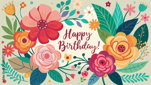 Happy birthday greeting card with colorful flowers and swirling text birthday greeting celebration botanical illustration decoration decorative backdrop background stylized composition