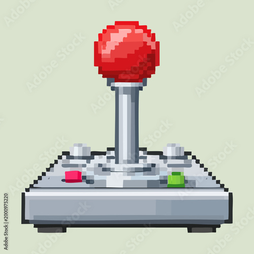 Classic retro video game joystick controller icon featuring red button and lever for nostalgic arcade gaming interface or digital pixel art project assets
