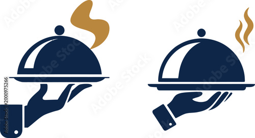 High quality vector of waiter hand holding serving tray with cloche and hot steam.