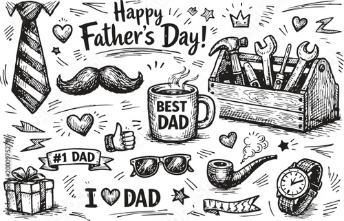 Happy Father's Day hand drawn doodle set with tie tools mustache and coffee mug