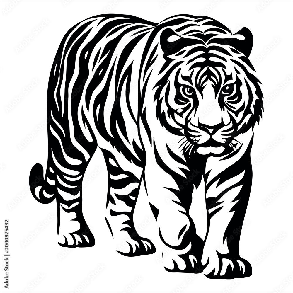 Fototapeta premium Black and White Tiger Illustration Vector – Bold Tribal Style Wild Animal Design