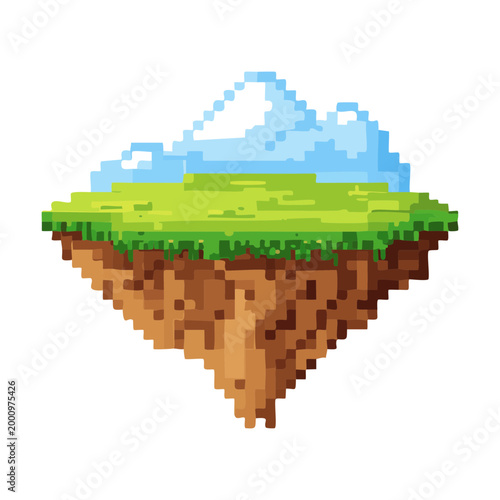Fotografi Small fantasy floating land chunk with green grass surface and rocky earth textu