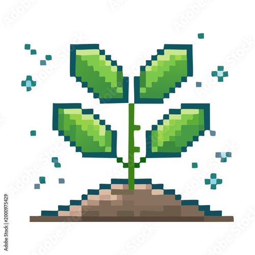 Young green plant seedling in soil pixel art icon for farming simulator games or nature gardening projects and digital design asset collection sets