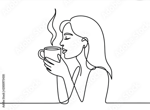 Woman holding steaming cup of coffee or tea and smelling it with closed eyes in one line art style drawing  serene moment