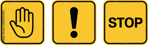 Stop warning icon set, bold caution symbols featuring hand sign exclamation mark and text in yellow rounded squares for safety alerts and warning instruction design.
