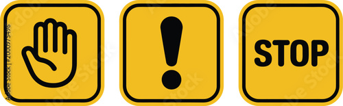 Stop warning icon set, hand symbol exclamation mark and typography in yellow rounded squares for safety signs caution alerts prohibition notices and instructional graphics.