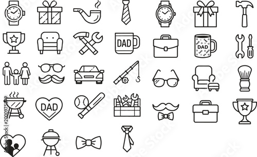 Father's Day line icon set with dad lifestyle elements and gift symbols