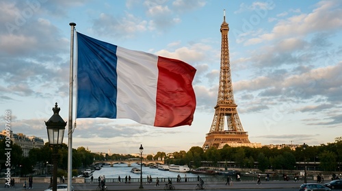 French flag waving with Eiffel Tower in Paris