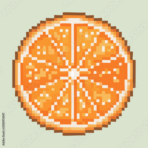 Bright orange fruit slice icon in pixel art style for fruit salad game mechanics or digital food design and art project asset creation