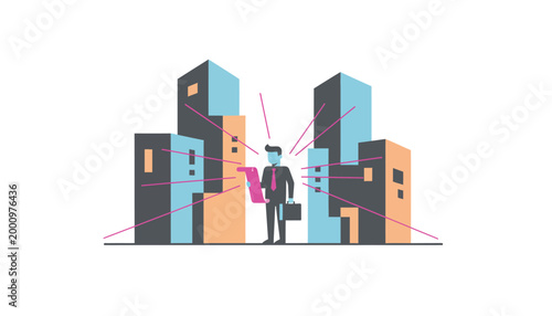 Businessman Reviewing Real Estate Development Plan in Modern City Flat Illustration