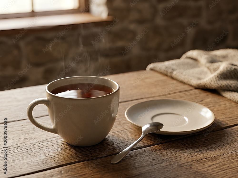 Obraz premium A steaming coffee cup on a wooden table next to a saucer and spoon, creating a cozy atmosphere.