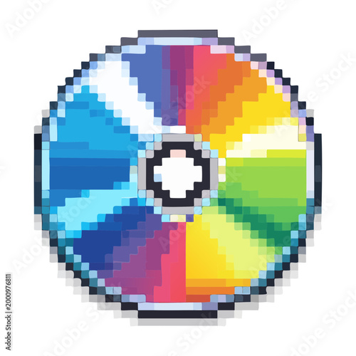 Colorful CD disc pixel art icon for music or software gaming inventory and retro technology digital design and art project asset creation sets