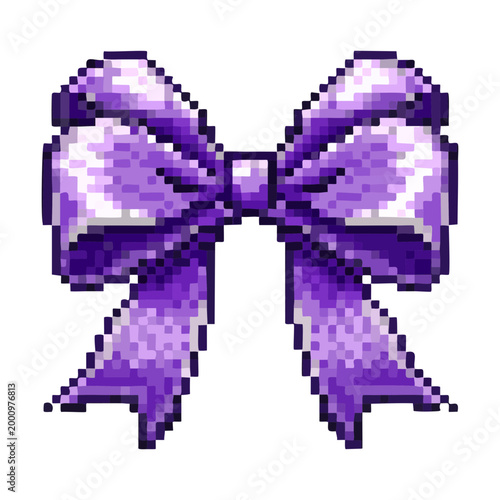 Pretty purple ribbon bow pixel art icon for birthday gift themes or fashion digital design and art project asset creation and decoration elements