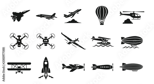 set of aviation icons in black silhouette style