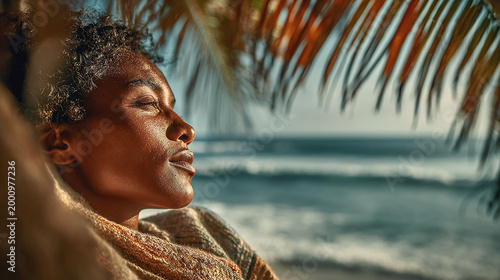Person relaxing under a palm tree with ocean view on a beach in soft sunlight filtering through leaves, calm immersive mood
