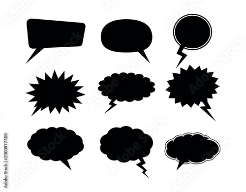 Collection of nine black comic speech bubbles and explosion shapes vector illustration.
