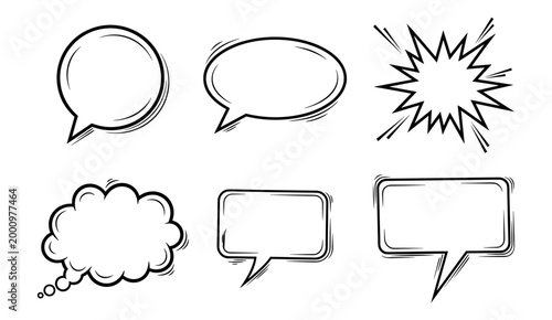 Collection of six comic style speech bubbles and explosion shapes vector illustration.