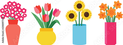 Foto Colorful flower bouquets in decorative vases collection with tulips sunflowers a