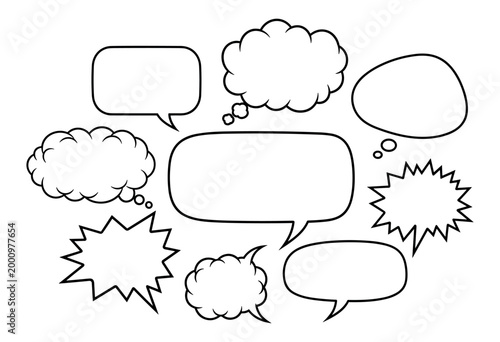 Nine comic speech bubbles and explosion shapes vector illustration.