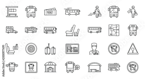 bus transportation icons set in black line art style