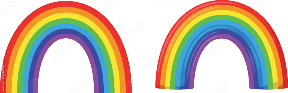 Fototapeta premium Colorful rainbow arc set with vibrant curved spectrum shapes in simple cheerful vector illustration