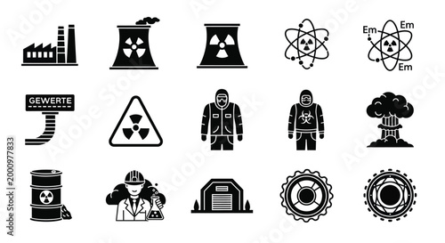 set of industrial and nuclear safety icons on white background