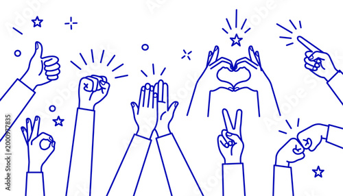 Hand gesture icon set in simple line art vector, human hands with symbols for like, love, and peace, hand drawn poster, logo, print design template, business cooperation and teamwork concept