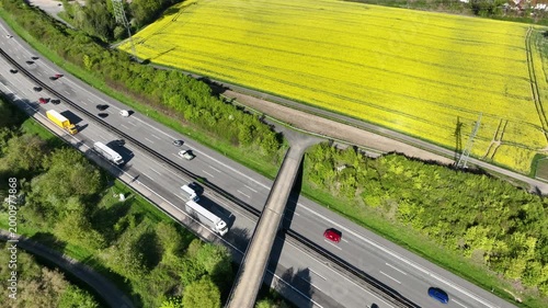 Idstein, Germany - April 23, 2026: Aerial view of dense traffic on German highway A3 between Bad Camberg and Idstein.