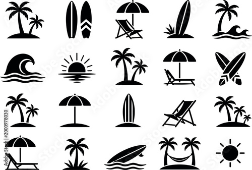 Beach Icon Set Minimal Vector Silhouette Palm Trees Surfboards Summer