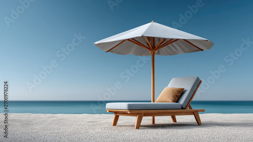 Resort deck chair and beach umbrella for summer vacation holidays, offering comfort, relaxation, and luxury by the ocean under a clear blue sky