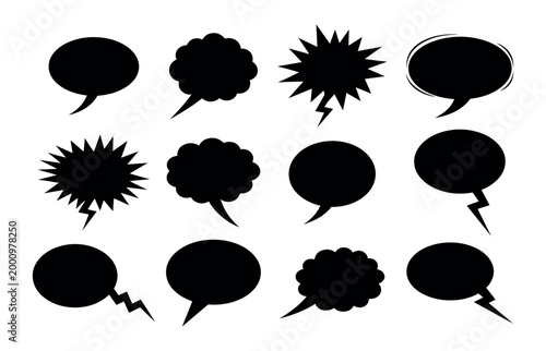 Twelve black comic speech bubbles and explosion shapes vector illustration.