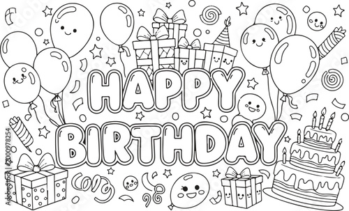 Hand drawn birthday party elements vector illustration with cute characters and confetti