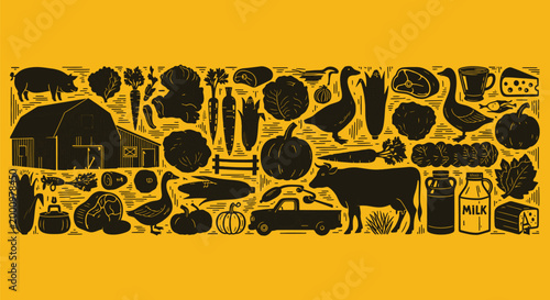 Vintage farm life illustration a black silhouette collection on yellow background