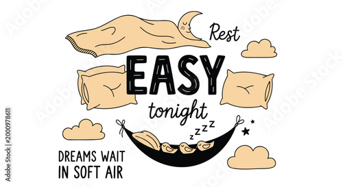 Sleep, rest, and relaxation concept, easy night, dreamy clouds, hammock illustration
