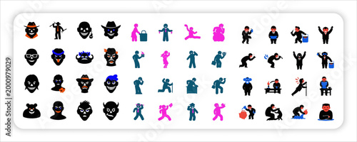 Modern Flat Character Icon Set with People, Emotions, Activities and Avatars in Red and Blue Web