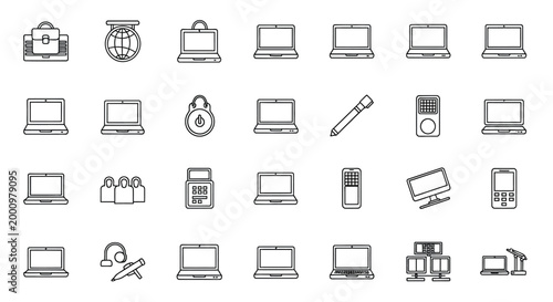 technology icons set in black line art style