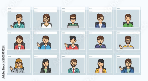 Video conference with diverse team members, online meeting concept