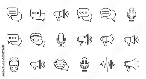 speech communication icons set in black line art